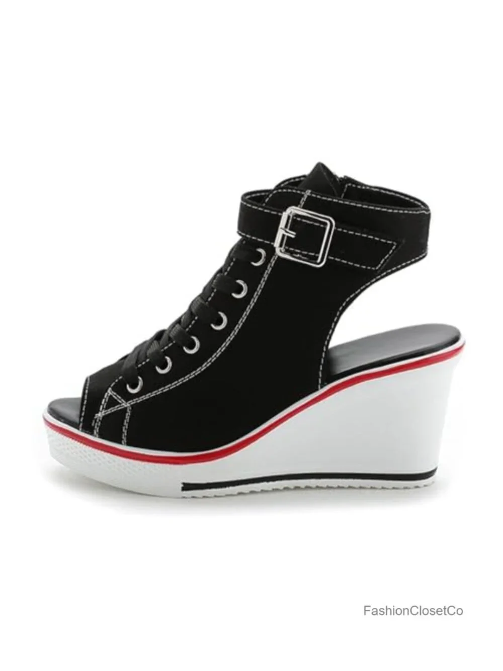 Canvas Peep Toe Wedge Sneakers Platform Shoes Side Zipper Lace Up Walking Shoes